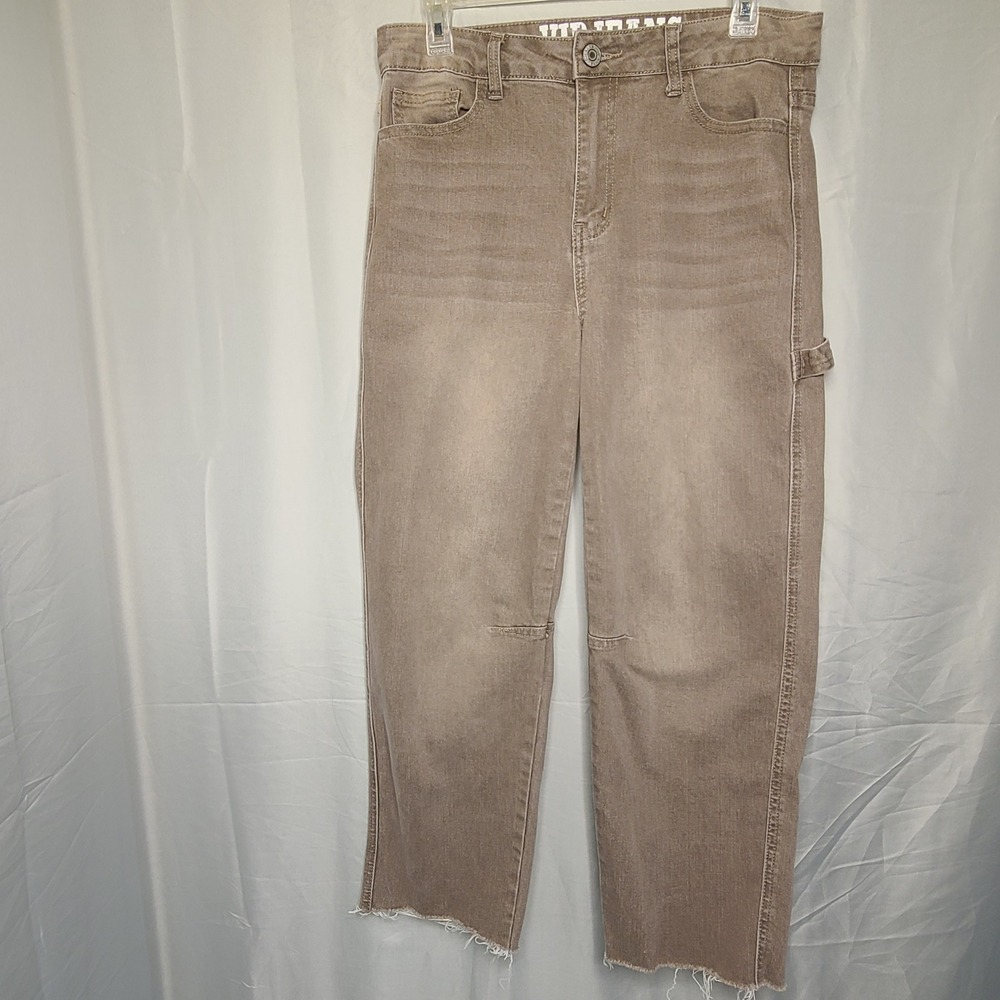 VIP Jeans Carpenter Pants Women‎ 11/12 Tan High Rise Raw Hem Hammer Loop Stretch